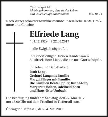Traueranzeige von Elfriede Lang 