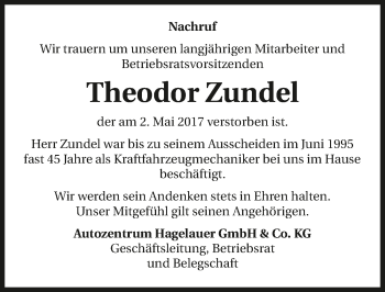 Traueranzeige von Theodor Zundel 