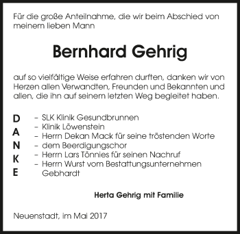 Traueranzeige von Bernhard Gehrig