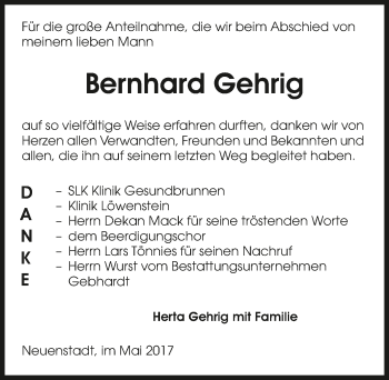 Traueranzeige von Bernhard Gehrig 