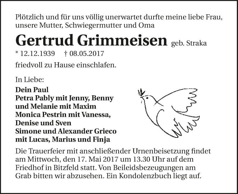 Traueranzeige für Gertrud Grimmeisen vom 10.05.2017 aus 