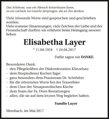 Traueranzeige von Elisabetha Layer 
