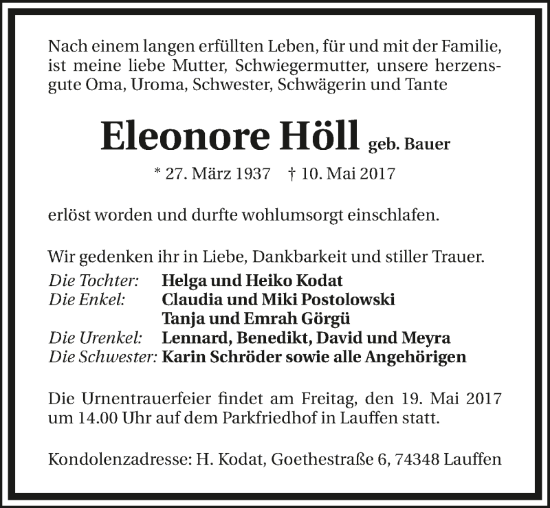  Traueranzeige für Eleonore Höll vom 12.05.2017 aus 