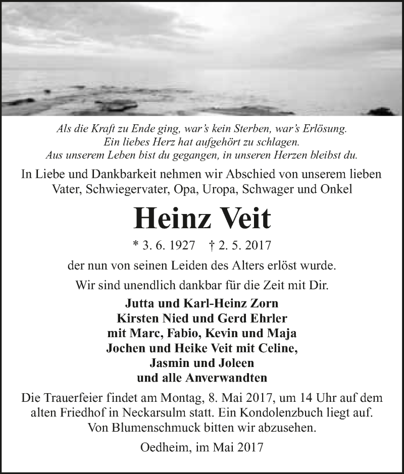  Traueranzeige für Heinz Veit vom 05.05.2017 aus 