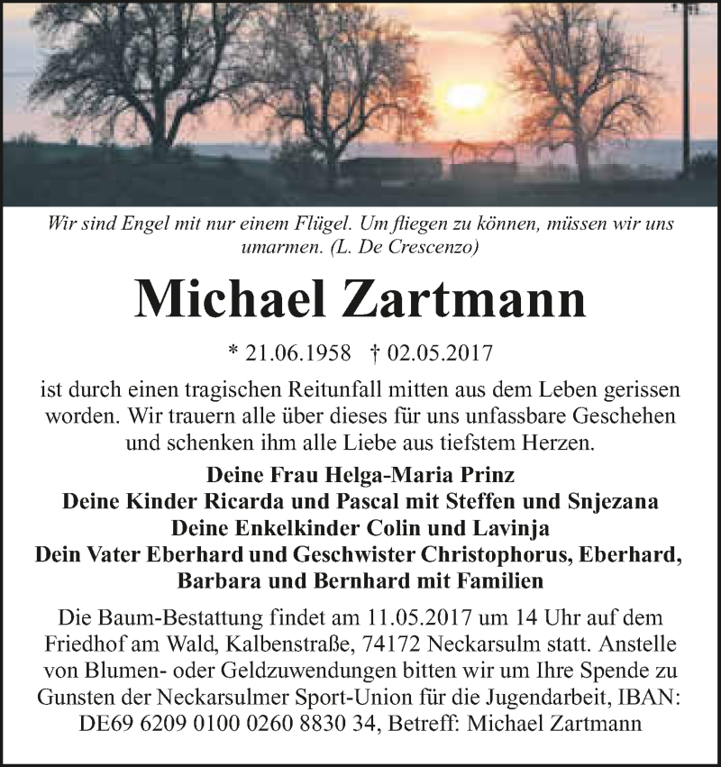  Traueranzeige für Michael Zartmann vom 09.05.2017 aus 