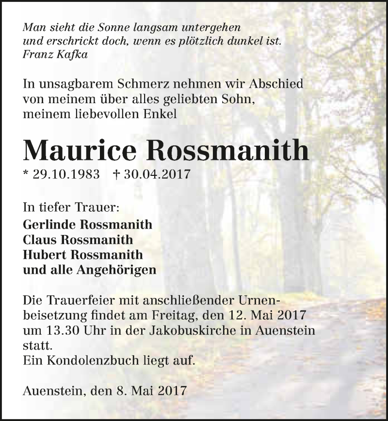  Traueranzeige für Maurice Rossmanith vom 08.05.2017 aus 