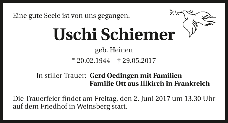  Traueranzeige für Uschi Schiemer vom 31.05.2017 aus 