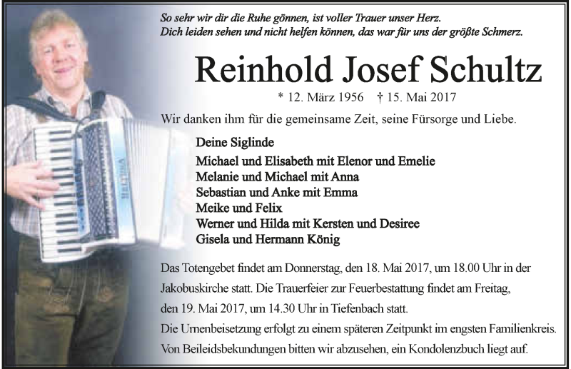  Traueranzeige für Reinhold Josef Schultz vom 18.05.2017 aus 