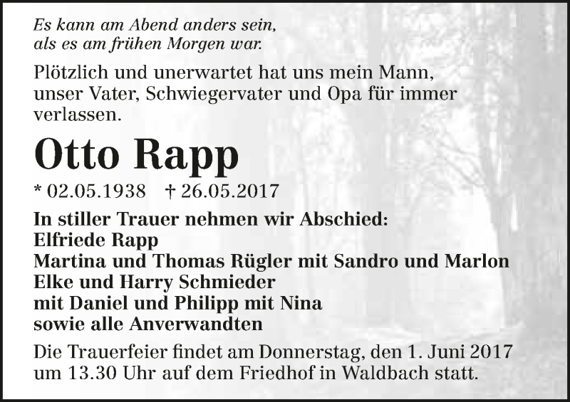  Traueranzeige für Otto Rapp vom 31.05.2017 aus 