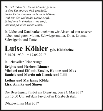 Traueranzeige von Luise Köhler 