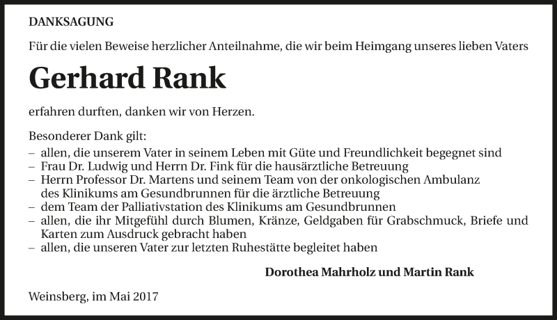  Traueranzeige für Gerhard Rank vom 18.05.2017 aus 