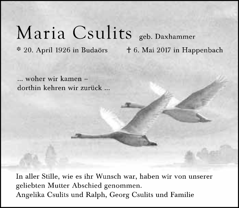  Traueranzeige für Georg Csulits vom 17.05.2017 aus 