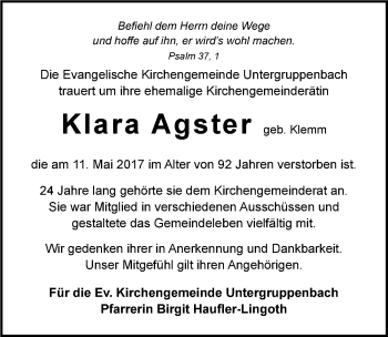 Traueranzeige von Klara Agster 