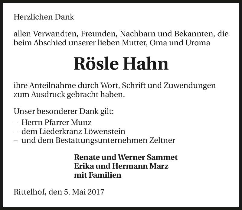  Traueranzeige für Rösle Hahn vom 05.05.2017 aus 
