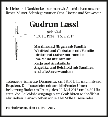 Traueranzeige von Gudrun Lassl 