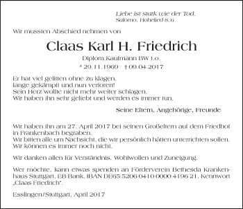 Traueranzeige von Class Karl H. Friedrich 