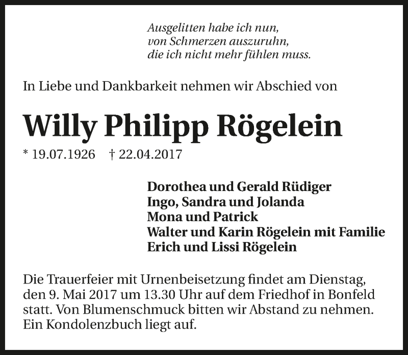  Traueranzeige für Willy Philipp Rögelein vom 06.05.2017 aus 