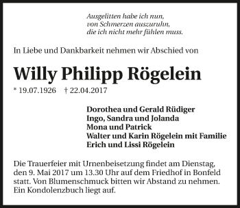 Traueranzeige von Willy Philipp Rögelein 