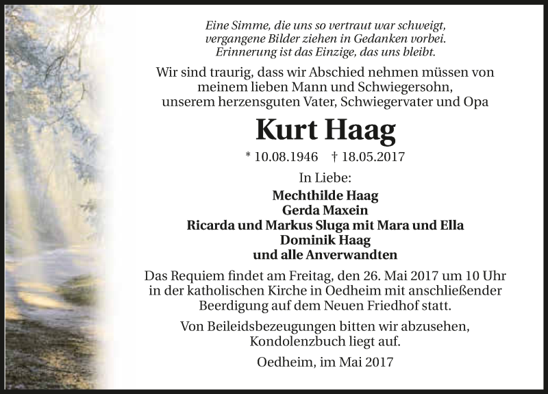  Traueranzeige für Kurt Haag vom 24.05.2017 aus 
