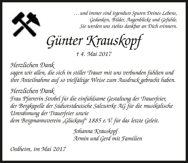  Traueranzeige für Günter Krauskopf vom 20.05.2017 aus 