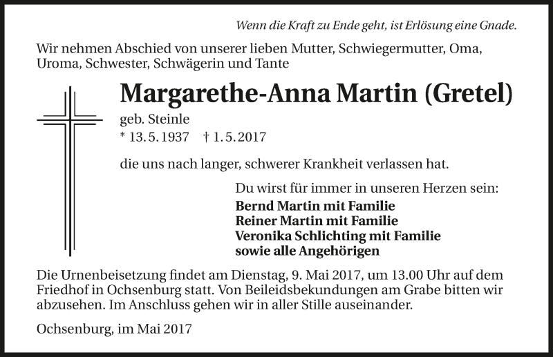  Traueranzeige für Margarethe-Anna Martin vom 06.05.2017 aus 