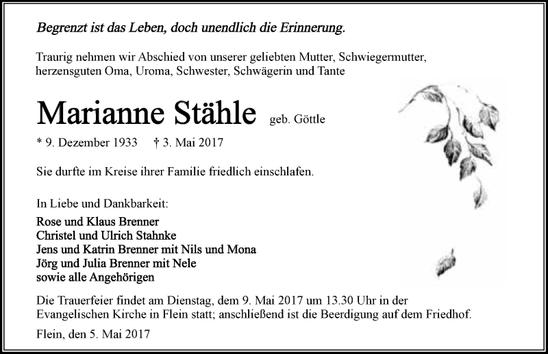  Traueranzeige für Marianne Stähle vom 05.05.2017 aus 