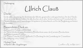 Traueranzeige von Ulrich Clauß 