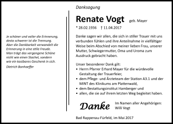 Traueranzeige von Renate Vogt 