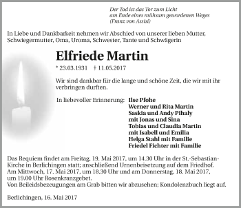 Traueranzeige von Elfriede Martin 
