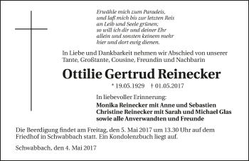 Traueranzeige von Ottilie Gertrud Reinecker 