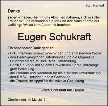 Traueranzeige von Eugen Schukraft 