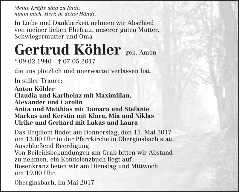  Traueranzeige für Gertrud Köhler vom 09.05.2017 aus 