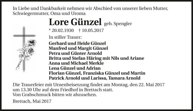  Traueranzeige für Lore Günzel vom 18.05.2017 aus 