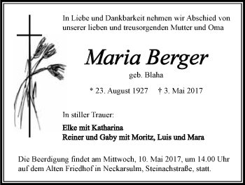 Traueranzeige von Maria Berger 