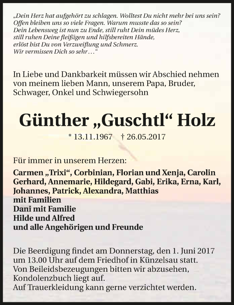  Traueranzeige für Günther Holz vom 31.05.2017 aus 