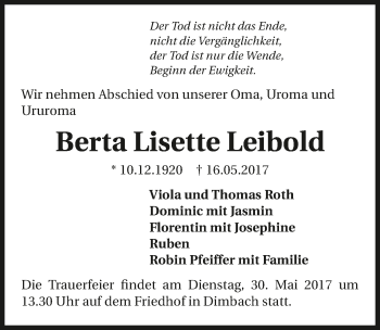 Traueranzeige von Berta Lisette Leibold 