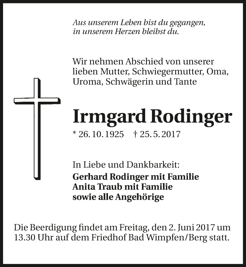  Traueranzeige für Irmgard Rodinger vom 30.05.2017 aus 