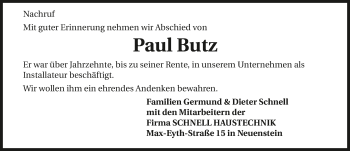Traueranzeige von Paul Butz 