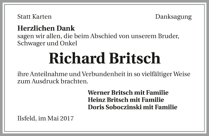  Traueranzeige für Richard Britsch vom 08.05.2017 aus 