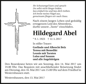 Traueranzeige von Hildegard Abel 