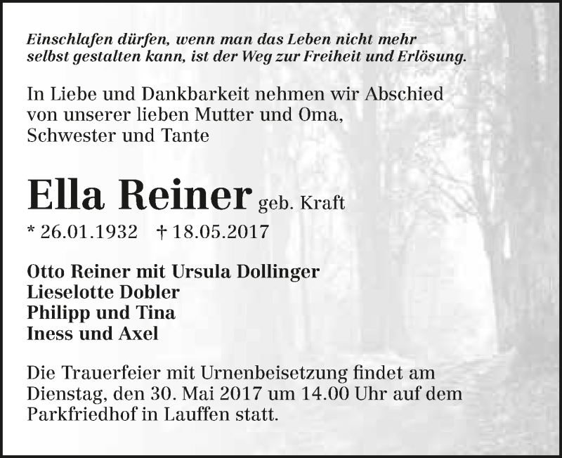  Traueranzeige für Ella Reiner vom 24.05.2017 aus 