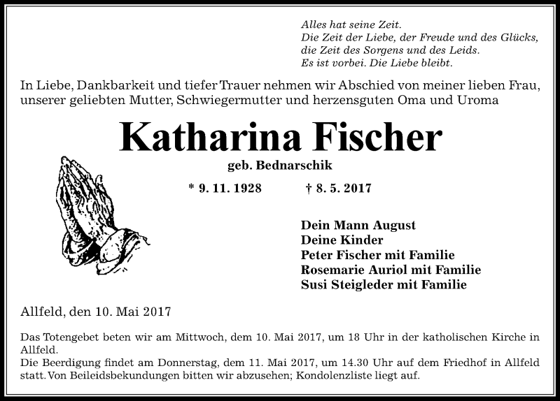  Traueranzeige für Kahtarina Fischer vom 10.05.2017 aus 
