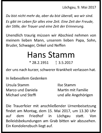 Traueranzeige von Hans Stamm 