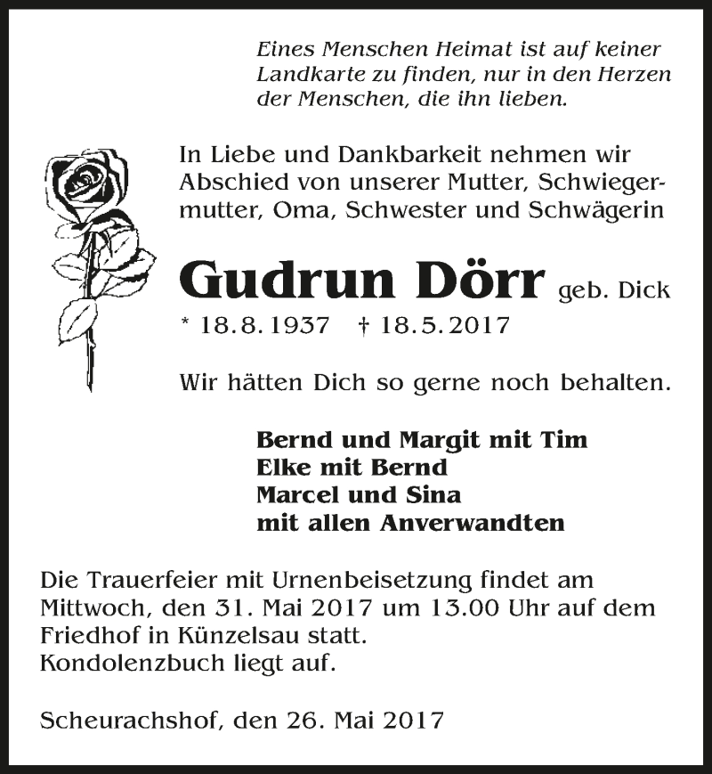  Traueranzeige für Gudrun Dörr vom 26.05.2017 aus 