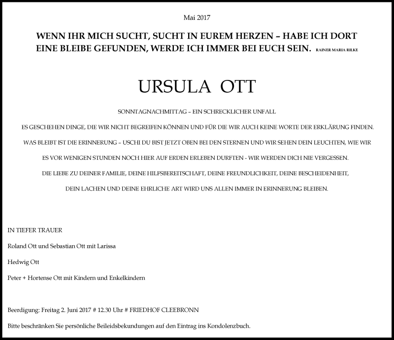  Traueranzeige für Ursula Ott vom 31.05.2017 aus 