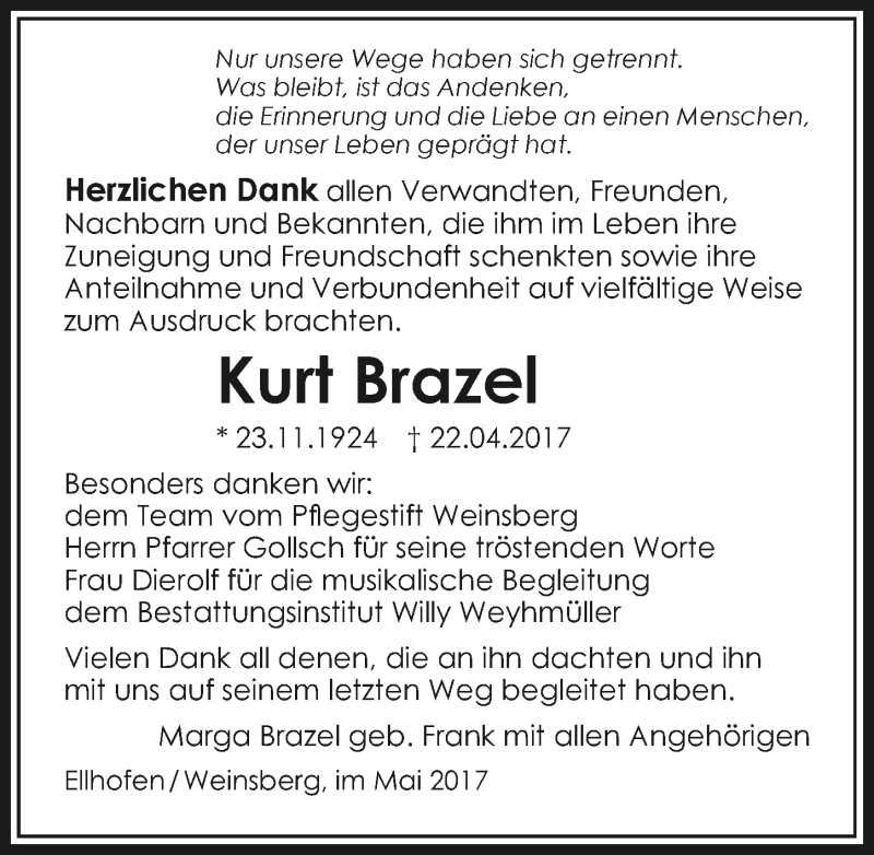  Traueranzeige für Kurt Brazel vom 13.05.2017 aus 