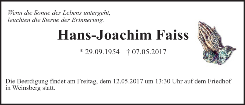  Traueranzeige für Hans-Joachim Faiss vom 10.05.2017 aus 