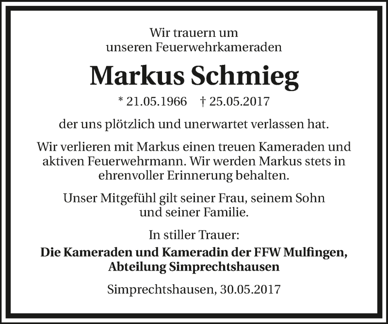  Traueranzeige für Markus Schmieg vom 30.05.2017 aus 