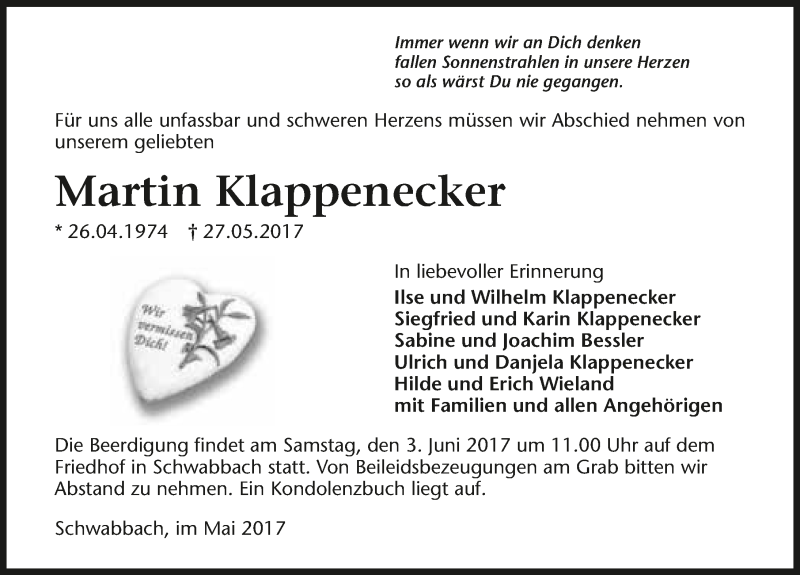  Traueranzeige für Martin Klappenecker vom 01.06.2017 aus 