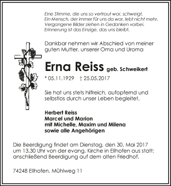 Traueranzeige von Erna Reiss 